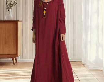 long red dress casual Vintage Red Linen Cotton Maxi Dress – Square Neck Long Sleeve Burgundy / M