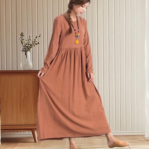 Women linen dress maxi dress oversized cotton linen dress  causal dress with pockets loose long dress Plus size dress  A73