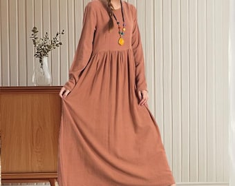 Women linen dress maxi dress oversized cotton linen dress  causal dress with pockets loose long dress Plus size dress  A73