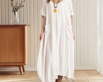 Loose Cotton Linen Asymmetric Dress Short Sleeve Oversized Casual Long Kaftan with Pockets A83-1