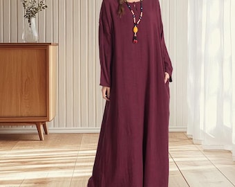 Women's linen cotton dress long sleeves dress linen loose dress linen maxi casual dress vacation dress boho dress plus size dress A44