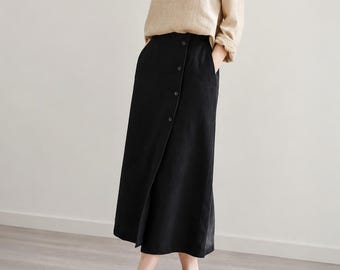 100% Linen Midi Skirt High Waist Retro Button Front Custom Skirt Plus Size Skirt A477