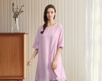 Vestido de lino y algodón, holgado, largo hasta la rodilla, estilo skater, informal, suave, con escote redondo y mangas largas, ajustado, B61