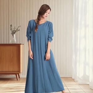 Damen Baumwolle Leinen Kleider Langarm Kaftan Kleid knielang Kleid mit Taschen Frühling Sommer Maxi Kleid langes Kleid plus size Kleidung A06