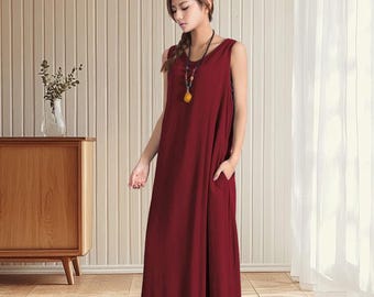 Vestido De Verano Sin Mangas NFYM - Algodón Y Lino, Largo Con Cinturón, Talla Única