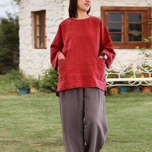Women&#39;s Linen Top long sleeve top summer cotton linen shirt with pockets handmade custom tops blouse vintage tops loose fitting top A363
