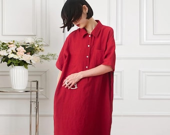 Linen shirt dress women’s summer cotton linen dress robe dress maxi dress loose dress casual spring fall half shirt dress boho dress A469