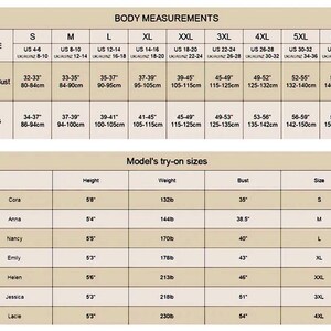 May include: A beige chart with body measurements and model try-on sizes. The chart includes sizes S to 6XL, with bust and hip measurements in inches and centimeters. Model data includes height, weight, bust size, and the size they tried on.