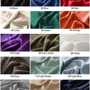 May include: A collection of fifteen fabric swatches in various colors, including black, blue, red, linen, green, orange, purple, amry green, white, grey, light green, light blue, light grey, taupe, and cyan blue. Each swatch is labeled with a number and color name.