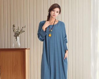 chinese dress ladies Loose Linen Maxi Dress, Summer Dress, Linen Dress for Women, Linen Dress with Pockets, Plus Size Dress, 100% Linen Clothing, Xs / Deep Green