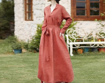 Vestido feminino de linho, manga longa, vestido envelope solto, casual, maxi algodão, túnica, vestido primavera outono, personalizado, roupas plus size A453