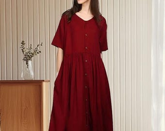 Vestidos femininos de algodão, roupas plus size, roupas casuais, soltas, personalizadas, vestido longo com decote em V, vestido com botões A72b