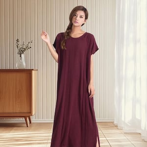 Cotton Linen Long Loose Dress with Pockets Plus Size Boho Dress Maxi Dress Soft Casual Loose Half Sleeves Robes Customized Dress A09