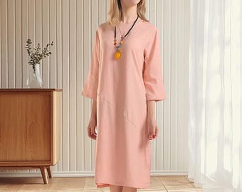 Vestido de lino y algodón, holgado, largo hasta la rodilla, informal, suave, con escote redondo y mangas largas, talla grande B11