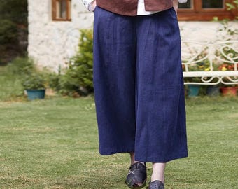 Pantaloni da donna in lino, pantaloni casual larghi con tasche, pantaloni lunghi a gamba larga, pantaloni in lino e cotone, pantaloni elastici in vita fatti a mano e personalizzati A370