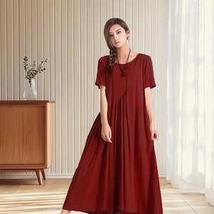 Women&#39;s Cotton Dress Short Sleeve Dress Summer Dress Loose Casual Maxi Dress Robe Bohemian Handmade Oversized Womens Clothing A26