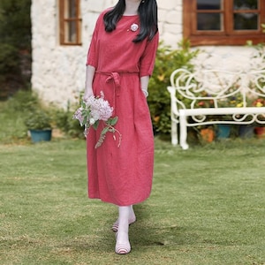 Women dresses cotton linen dress 3/4 sleeves dress custom casual loose large size dress women&#39;s clothing handmade plus size dress A261