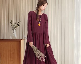 Women's linen cotton dress long sleeves dress linen loose dress linen maxi casual dress vacation dress boho dress plus size dress a76