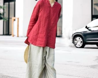 Women's Linen Top long sleeve linen handmade custom blouse vintage tops loose fitting top Custom Plus size Clothing for Women F290