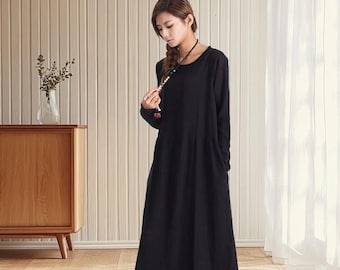 Vestido solto feminino, vestido de outono, vestido de algodão com bolsos, robes soltos casuais, vestido maxi feito à mão, roupa personalizada, vestido de linho flare A42