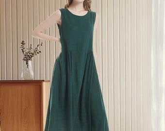 Vestido de linho de algodão com bolsos, vestido de linho macio, vestido de verão sem mangas, vestido regata minimalista, vestido midi, vestido feito à mão A100