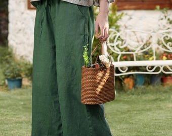 Calças de algodão, calças de linho, calças femininas retas de perna larga, calças casuais, calças retrô, calças com cinto, cintura elástica e bolsos N05