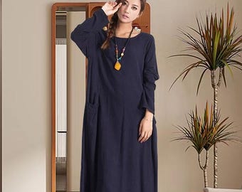 Cotton Linen Dress Long Sleeve Dress with Pocket Asymmetric Casual Wear Simple Spring Fall Dress Casual Loose Dress Minimalist Dress A53