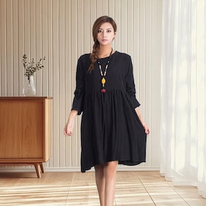 Cotton Linen Dress Linen Loose Fit Dress Knee Length Dress with Pockets Casual Soft Dress Crew Neckline Long Sleeves Plus Size Dress A43