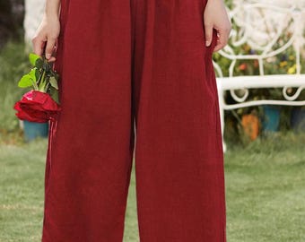 Pantaloni di lino a gamba larga, pantaloni morbidi casual con elastico in vita, pantaloni di lino con tasche, abbigliamento taglie forti, pantaloni personalizzati, pantaloni da donna A304