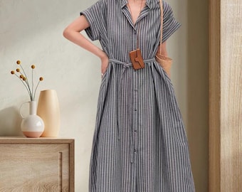 Abito midi a righe verticali, abito oversize con scollo a V e cintura, abito a maniche corte D03