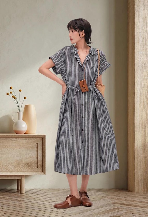 vertical striped midi dress Green Striped Cuff Sleeve Button Front Midi Dress | Womens Dresses and Rompers