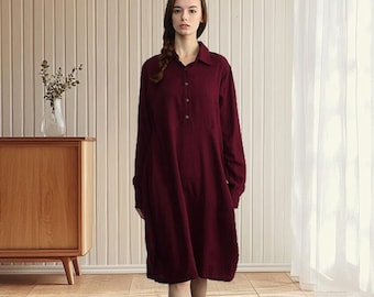 Cotton Linen Dress Linen Loose Fit Dress Casual Soft Dress Plus Size Dress Collared Dress Long Sleeve Dress F491
