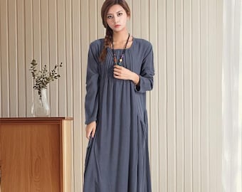 Women's linen cotton dress long sleeves dress linen loose dress linen maxi casual dress vacation dress boho dress plus size dress a82