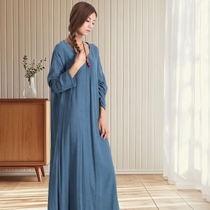 Women linen dress maxi dress oversized cotton linen dress summer causal dress with pockets loose long dress Plus size dress  A28