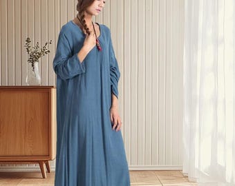 Women linen dress maxi dress oversized cotton linen dress summer causal dress with pockets loose long dress Plus size dress  A28
