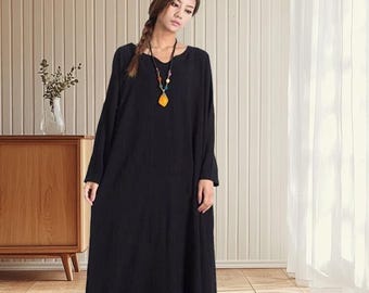Women Dresses for Fall With Pocket Cotton Dress Long Sleeves Dress Plus  Size Clothing Maxi Round Neck Dress Casual Loose Custom Dress A38 - Etsy