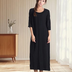 Cotton Linen dress women linen cotton maxi minimalist long dress with 3/4 sleeves bohemian dress summer robe longue plus size clothing A02