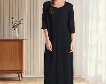 Cotton Linen dress women linen cotton maxi minimalist long dress with 3/4 sleeves bohemian dress summer robe longue plus size clothing A02