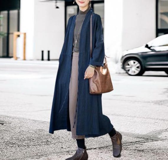 Linen Dress Loose Fit Dress Casual Soft Dress Slim Fit Dress Custom made dress  Open-front coat Plus size custom women's clothing F173