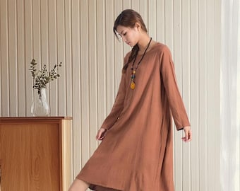 Vestido de lino y algodón, holgado, largo hasta la rodilla, con bolsillos, informal, suave, escote redondo, manga larga, talla A98