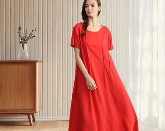 Women's Cotton Linen Dress Short Sleeve Dress Spring Summer Dress Loose Casual Maxi Dress Linen Bohemian Handmade Oversized Dress  A40B
