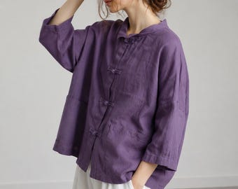 Women's 100% Linen Blouse Chinese Style Frog Button Top Loose Fit Cardigan Shirt F164