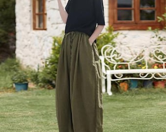 Calças de linho, calças de perna larga, calças compridas de linho, calças maxi folgadas, calças para outono, primavera e verão, calças sob medida, calças compridas plus size, calças harém F131