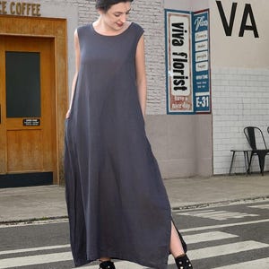 Custom Linen dress sleeveless summer  loose maxi dress with side pockets spring plus size dress washed linen dress plus size clothing 23