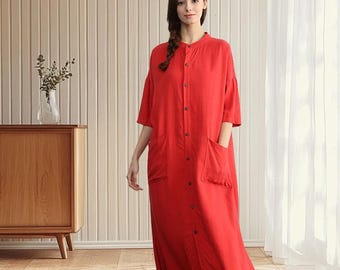 chinese dress ladies Women's Linen-Blend Short-Sleeve Midi Dress with Shirt Collar  RW&CO
