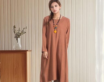 Women's cotton linen dress long sleeves pleated dress loose linen caftan robe linen maxi dress custom spring fall dress plus size dress A98