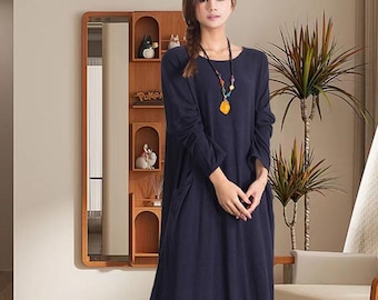 Women loose dress autumn dress cotton dress with pockets casual loose robes maxi dress handmade custom clothing linen flare dress B46
