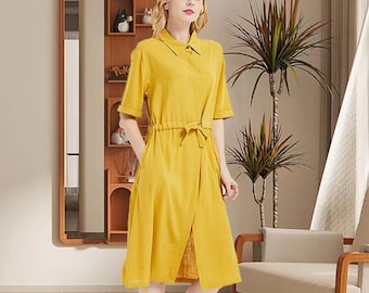 Vestido de lino y algodón, holgado, largo hasta la rodilla, estilo skater, informal, suave, con cuello redondo y manga corta, ajustado, r2