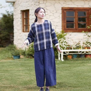 Frauen Leinenhose lose lässige Hose mit Taschen breites Bein lange Hose Baumwoll-Leinen Hose handgefertigt individuelle elastische Taille Hose A370