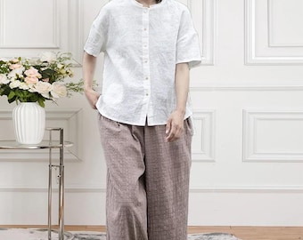Women's Linen Tops Half Sleeves Cotton Linen Shirt Loose Linen Blouse Summer tees Casual Plus Size Top Oversized Shirt A460